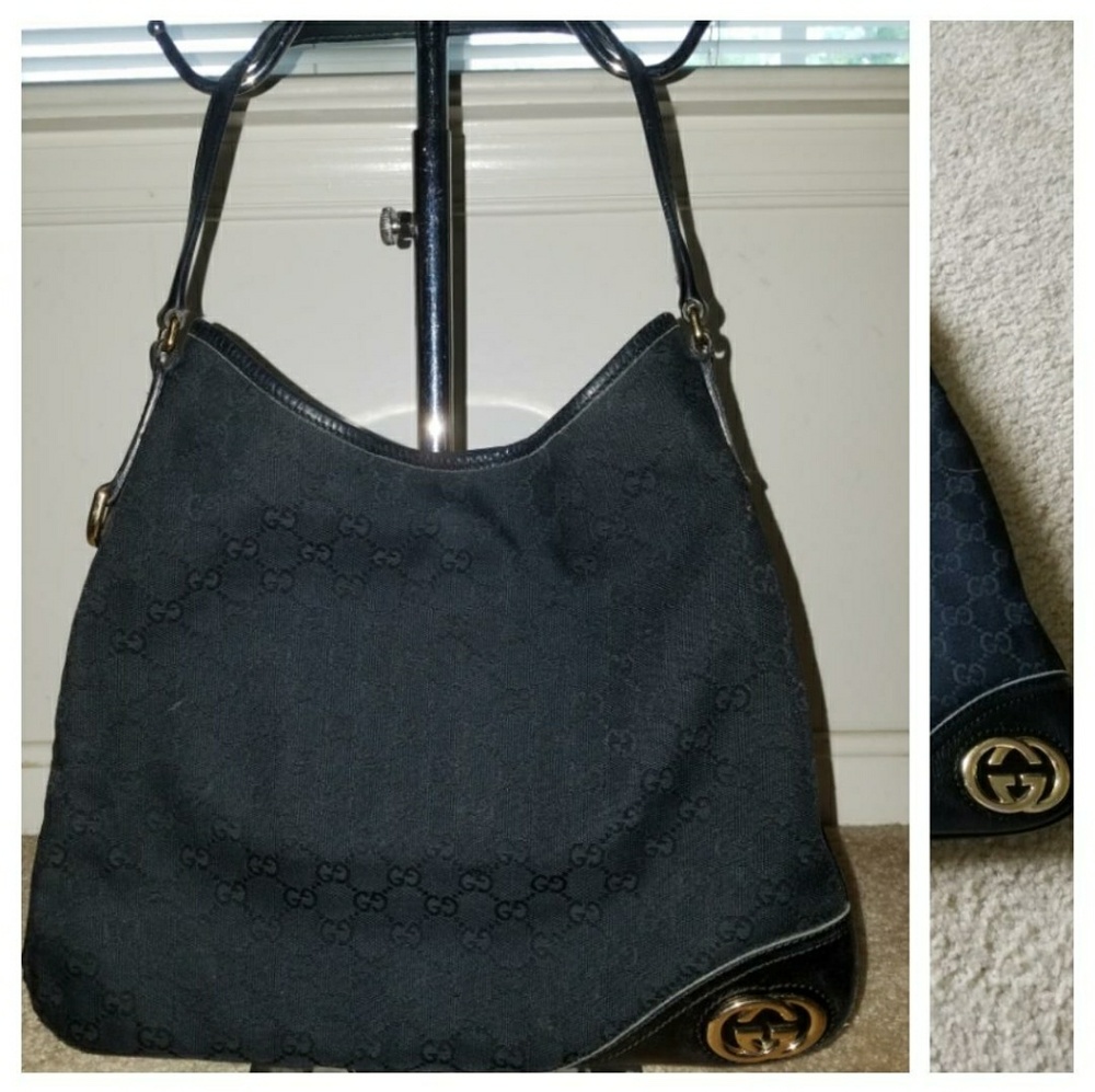 Authentic Gucci Black Canvas and Leather Hobo Bag